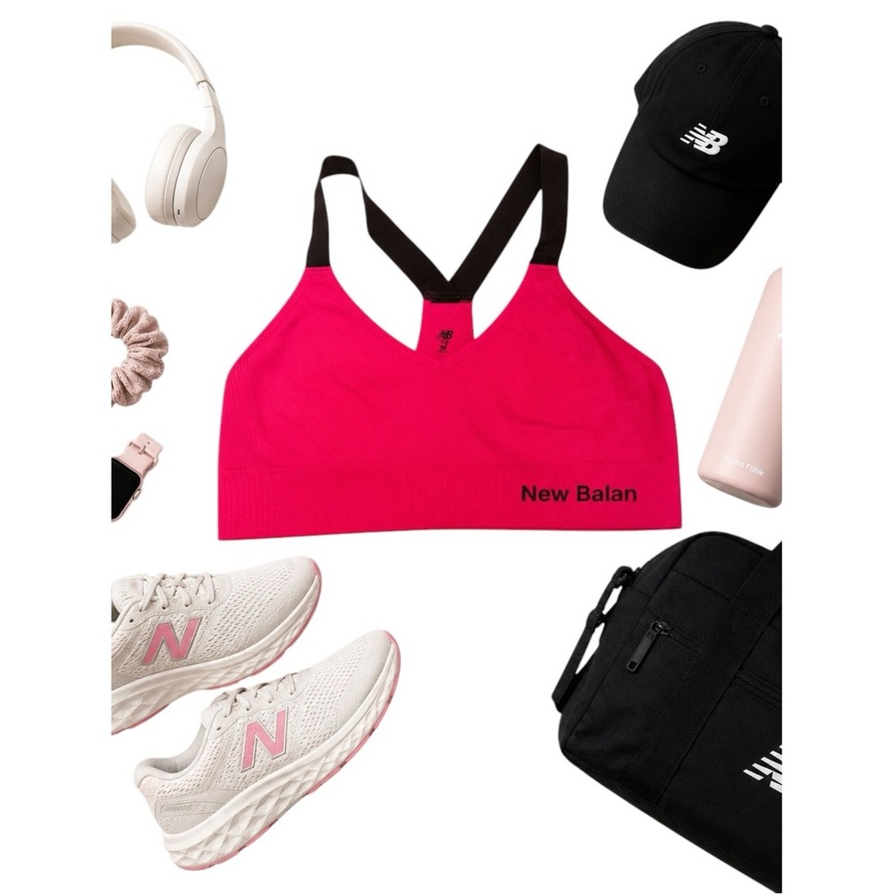 New Balance Seamless Racerback Sports Bra Pink Medium Yoga Gym Logo Flaw Top GUC